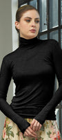 "Trelise Cooper Holy Heck Top in Black — 75% Tencel 25% Wool close fit roll neck"