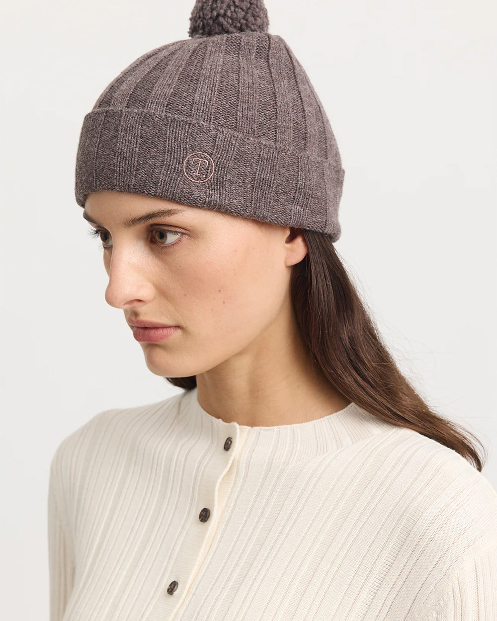 "Toorallie Pom Pom Fine Rib Merino Wool Beanie in Mocha"