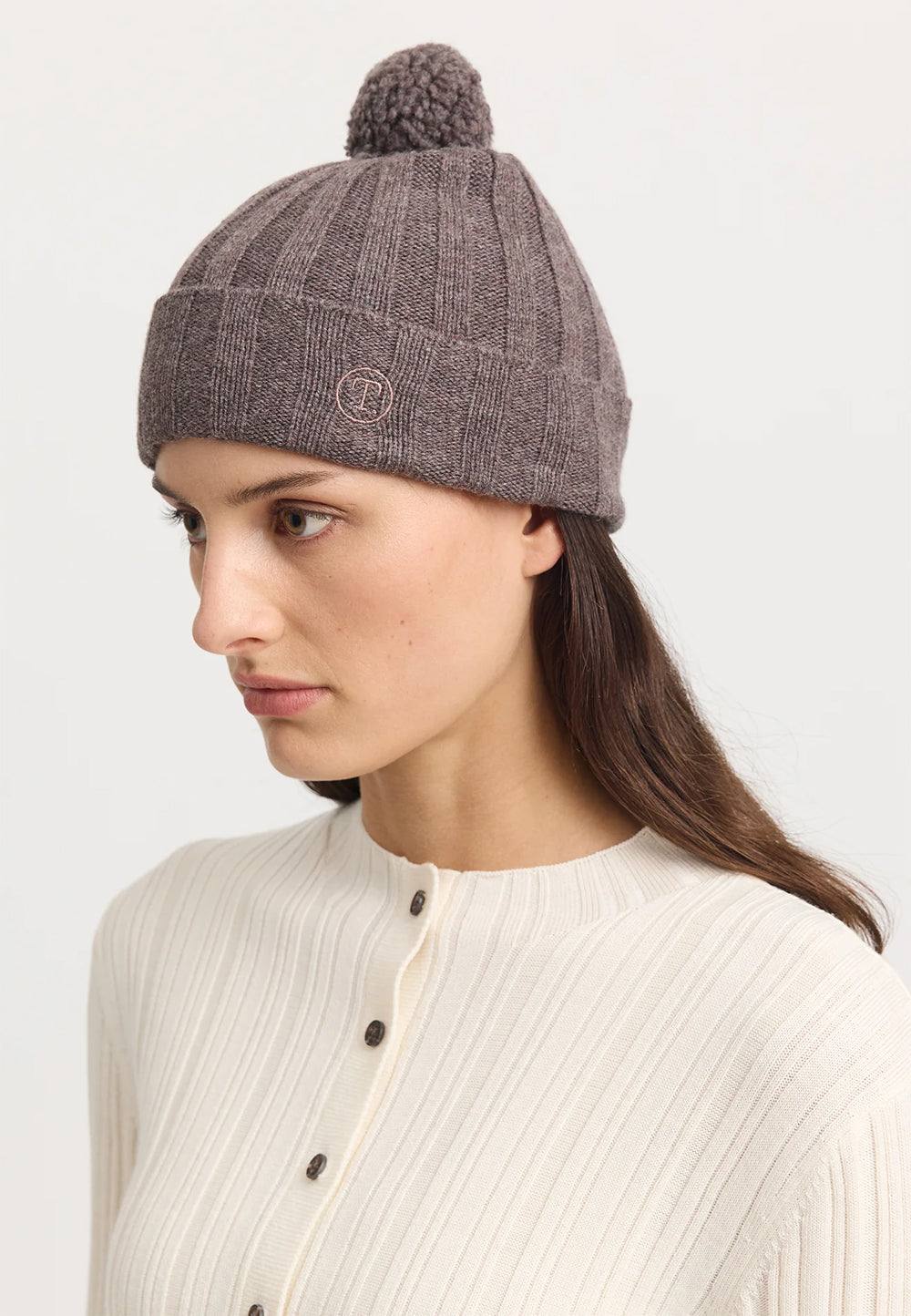 "Toorallie Pom Pom Fine Rib Merino Wool Beanie in Mocha"