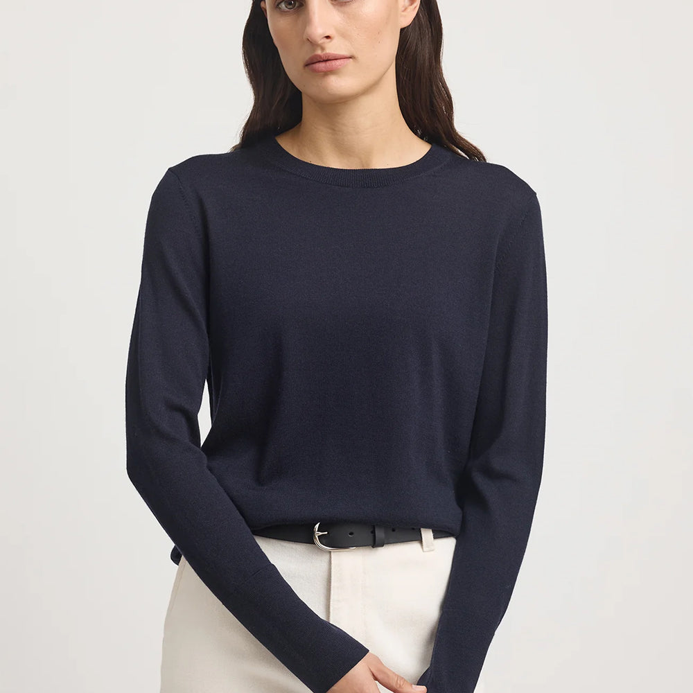 "Toorallie Fine Merino Crew Jumper in French Navy — lightweight super fine merino wool"