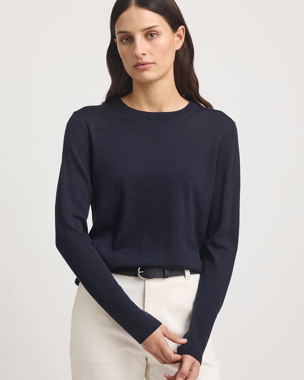 "Toorallie Fine Merino Crew Jumper in French Navy — lightweight super fine merino wool"