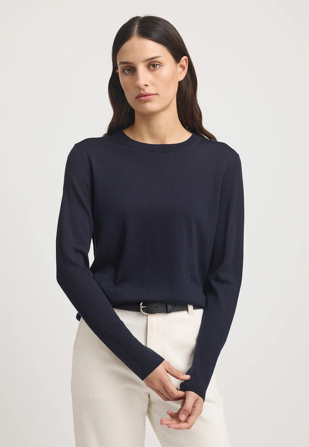 "Toorallie Fine Merino Crew Jumper in French Navy — lightweight super fine merino wool"