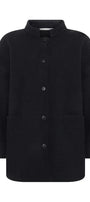 Black coat with button details on a white background