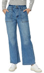 Person wearing blue jeans and a striped shirt on a white background