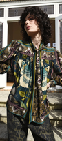 Front view of a patterned shirt.