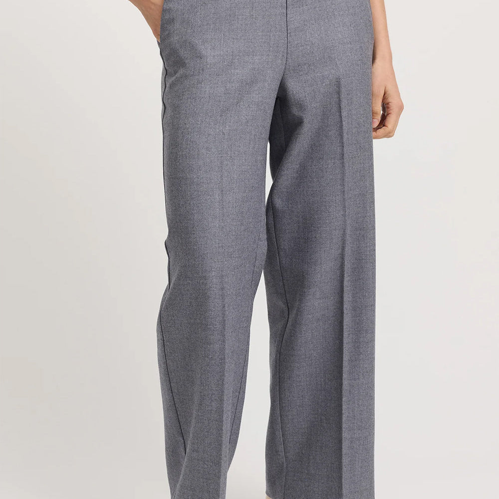 "Toorallie Straight Wool Trouser in Mid Grey — 100% Wool twill high waist elasticated back"