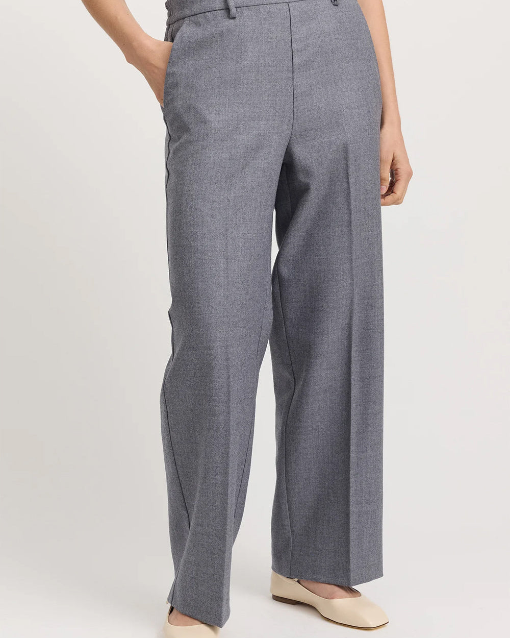 "Toorallie Straight Wool Trouser in Mid Grey — 100% Wool twill high waist elasticated back"