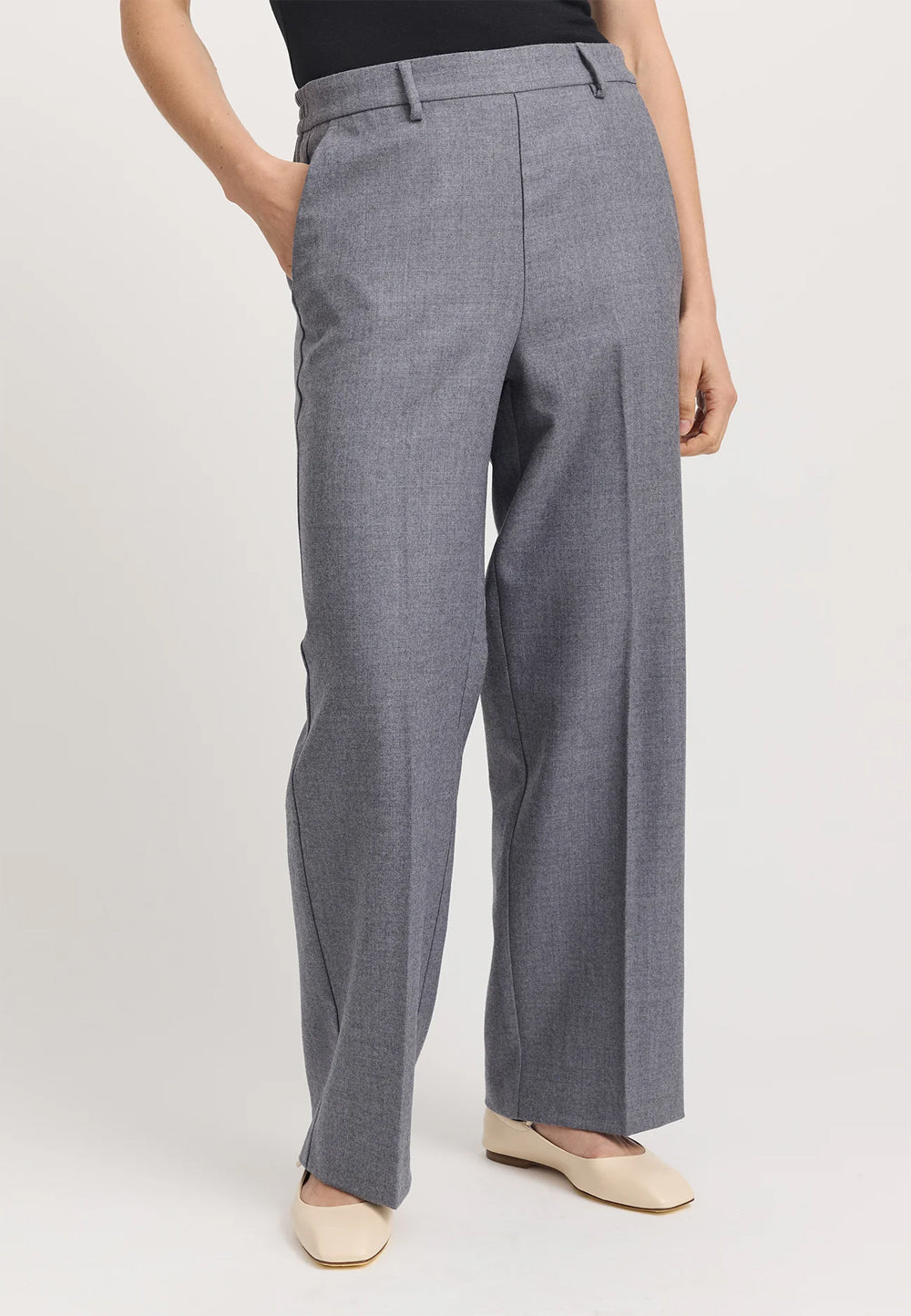 "Toorallie Straight Wool Trouser in Mid Grey — 100% Wool twill high waist elasticated back"