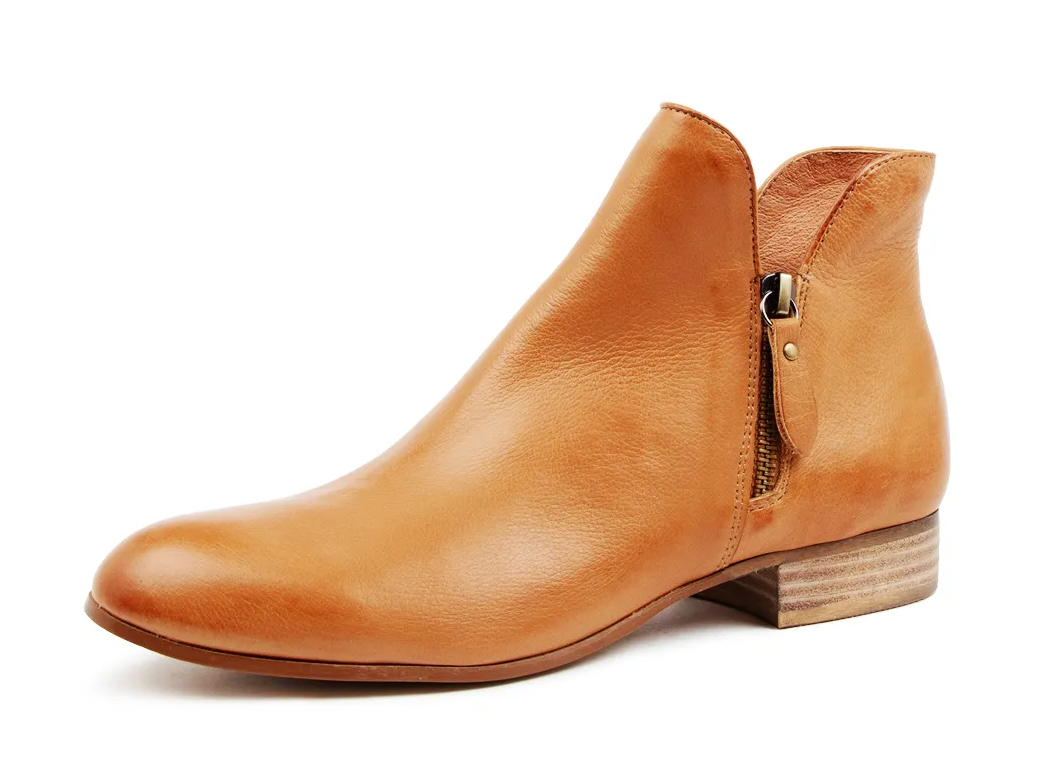 "Django & Juliette Faye DJ Boot in DK Tan — leather twin zip low heel boot"