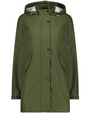 "Moke Anika Raincoat in Loden — waterproof oversized hood with pale gold hardware"