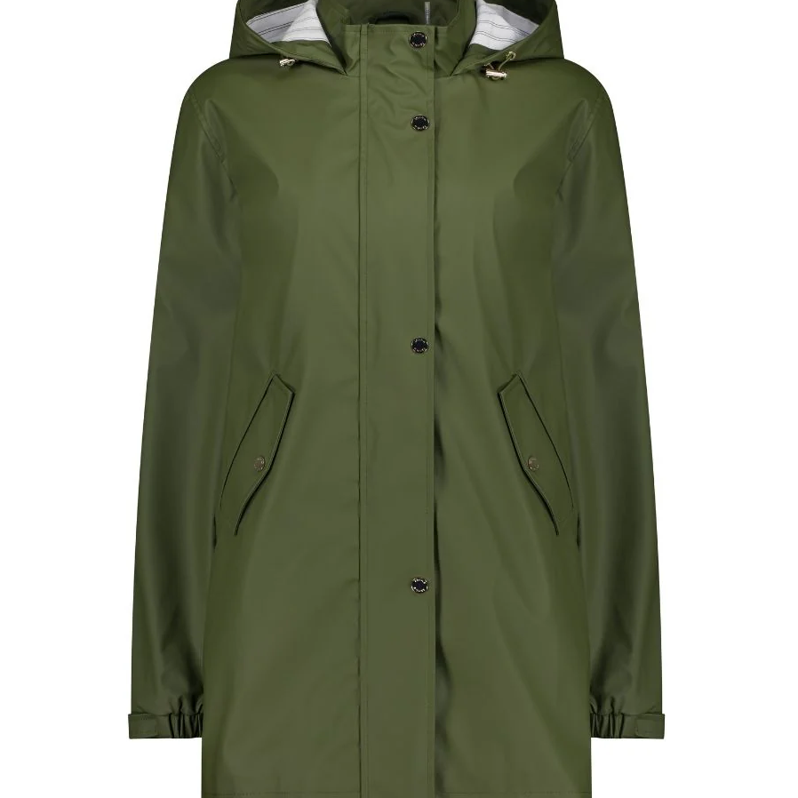 "Moke Anika Raincoat in Loden — waterproof oversized hood with pale gold hardware"