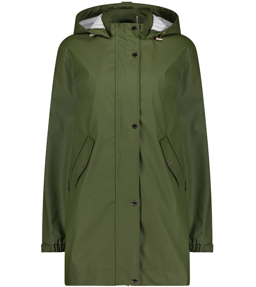 "Moke Anika Raincoat in Loden — waterproof oversized hood with pale gold hardware"