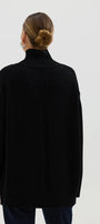 Person wearing a black turtleneck sweater on a white background