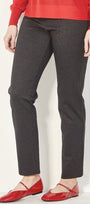 "Verge Justice Pant in Grey Blue Check — slim leg pull-on Ponti pant"