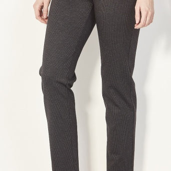 "Verge Justice Pant in Grey Blue Check — slim leg pull-on Ponti pant"