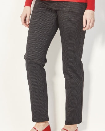 "Verge Justice Pant in Grey Blue Check — slim leg pull-on Ponti pant"