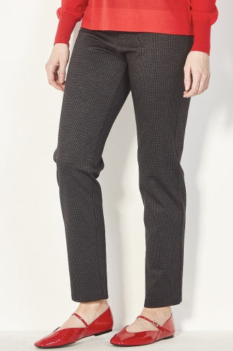 "Verge Justice Pant in Grey Blue Check — slim leg pull-on Ponti pant"