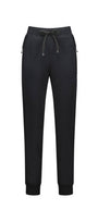 A pair of black tapered leg trousers with a detachable drawcord waistband and ribbed ankle cuffs.