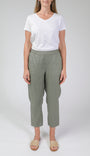  green linen pants and a white t-shirt.