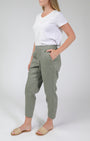  green linen pants and a white t-shirt.
