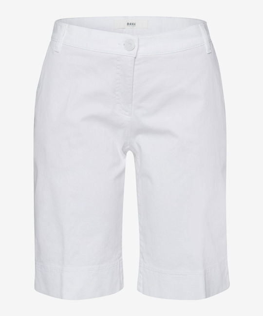 White Bermuda shorts with a button up front and a visible brand tag. Front view