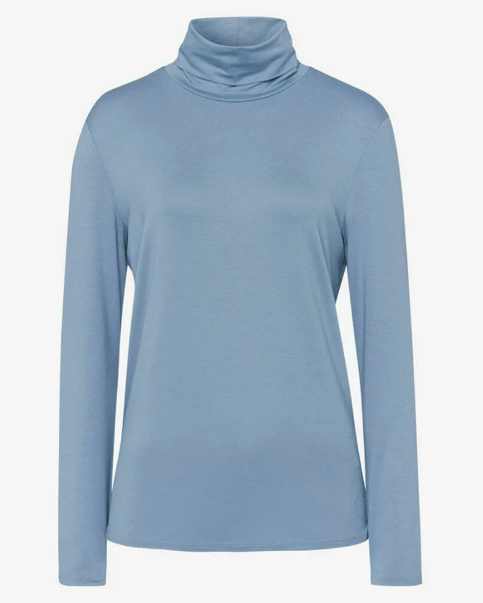 Front View blue long sleeved turtleneck shirt.